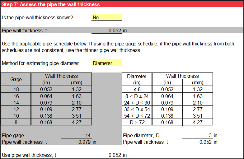 Step 7 of Steel and Aluminum pipe worksheet: Pipe wall thickness using pipe diameter schedule.